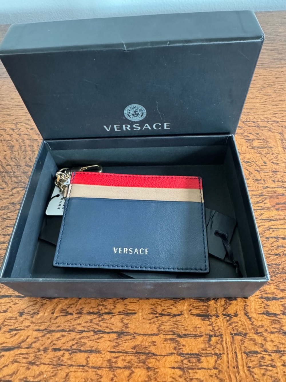 Versace Navy, Cream & Red Leather Card Holder with Key Chain - Picture 6 of 7